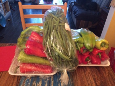 Peppers and green beans rescued from disposal at the grocery store. All of this cost $8.